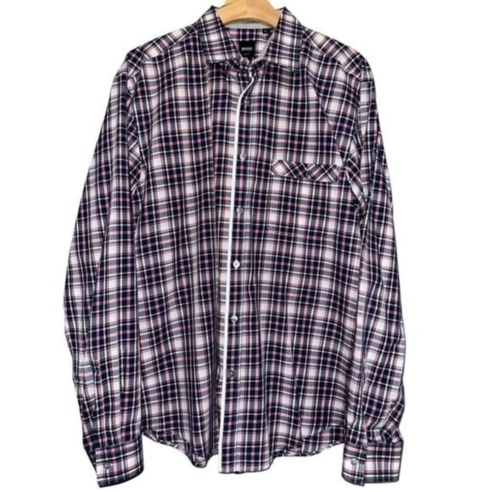 Boss Hugo Boss Men’s Size XL Blue White Pink Plaid Slim Fit Button Down Shirt
